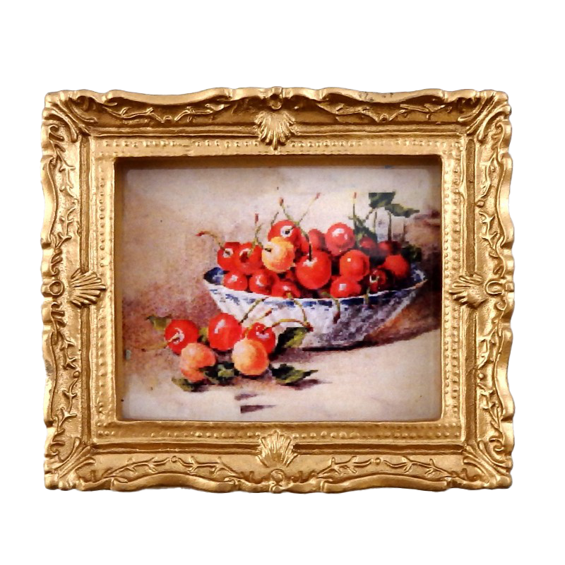 Dolls House Miniature Bowl of Cherries Picture Painting Gold Frame