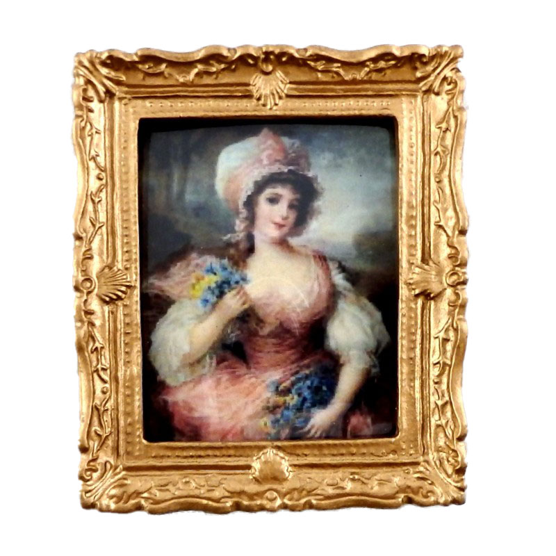 Dolls House Miniature Accessory Lady in Pink Painting Gold Frame