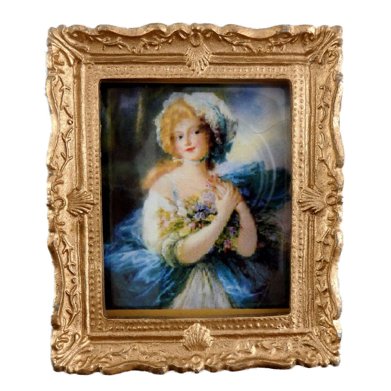 Dolls House Miniature Accessory Blue Lady Painting Gold Frame