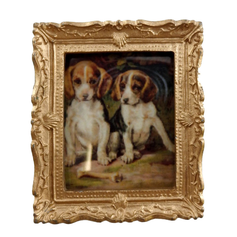 Dolls House Miniature Beagle Puppies Picture Painting Gold Frame