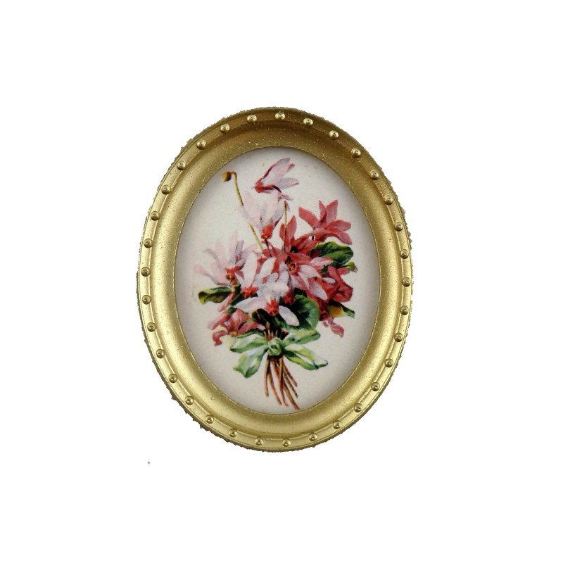 Dolls House Miniature Posy of Flowers Picture in Oval Gold Frame