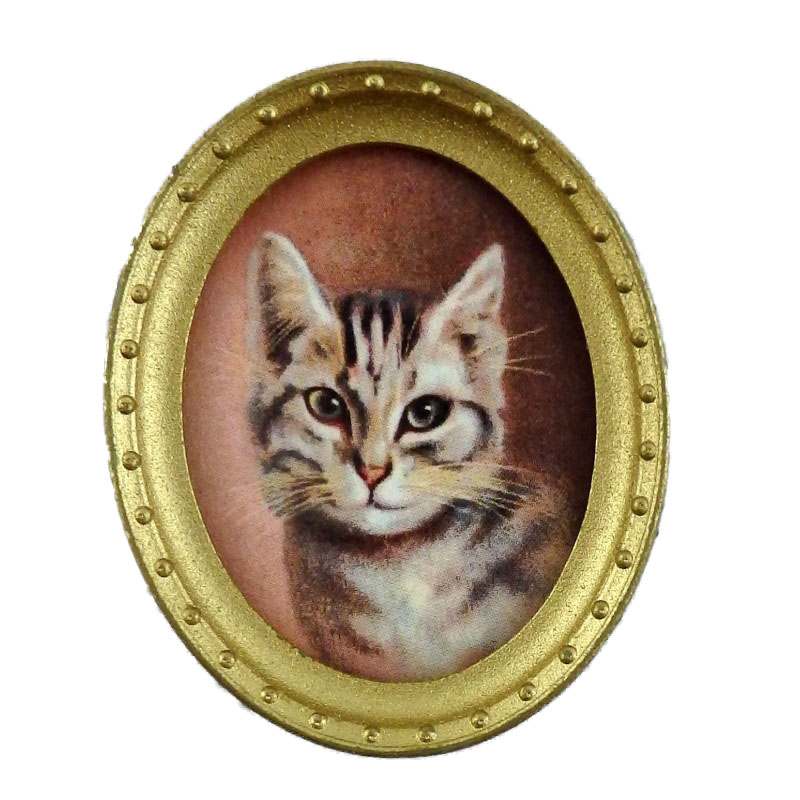 Dolls House Miniature Cat Portrait Picture Painting in Gold Frame