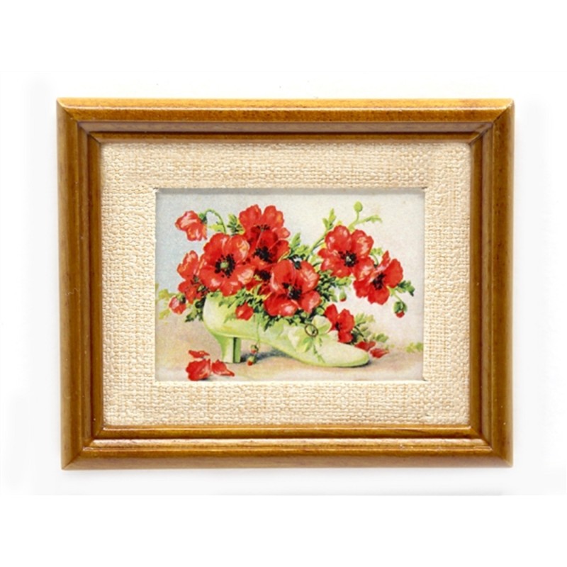 Dolls House Shoe of Poppies Picture in Walnut Frame Red Flowers Painting 1:12