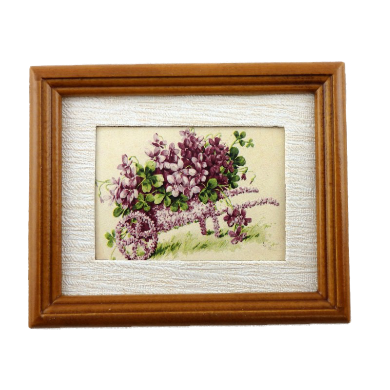 Dolls House Wheelbarrow of Violets Picture in Walnut Frame Miniature Accessory