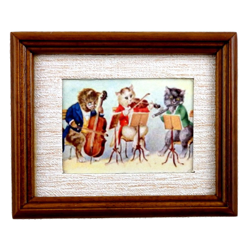 Dolls House Cat Orchestra Picture Painting in Walnut Frame Miniature