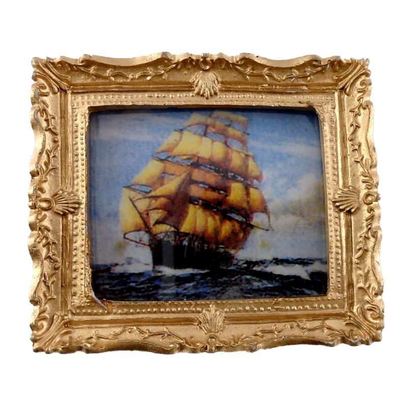 Dolls House Miniature Accessory Clipper at Sea Picture Painting Gold Frame