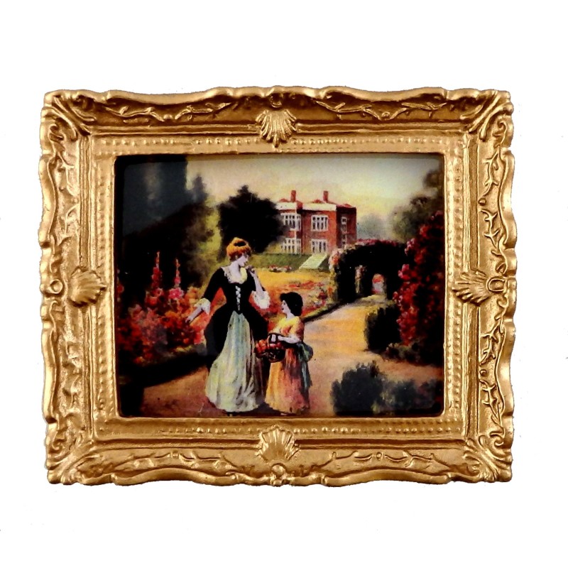 Dolls House Tudor Garden Stroll Painting Gold Frame Miniature Picture Accessory