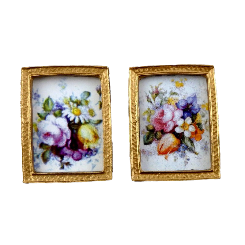 Dolls House Miniature Accessory 2 Flower Paintings in Gold Frames