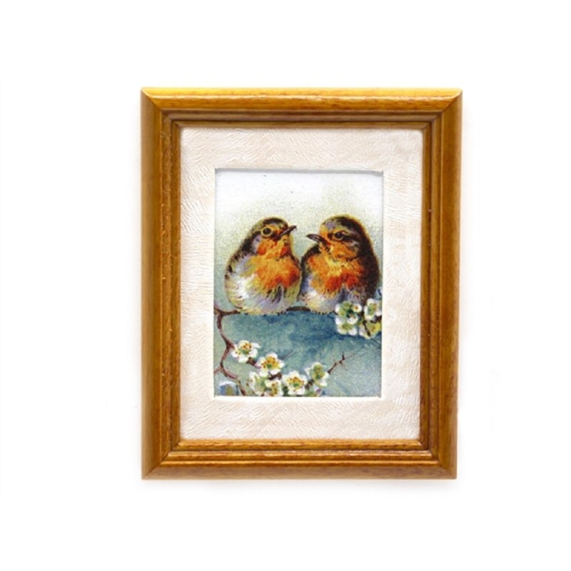 Dolls House Robins Picture Painting in Walnut Frame Miniature Bird Accessory