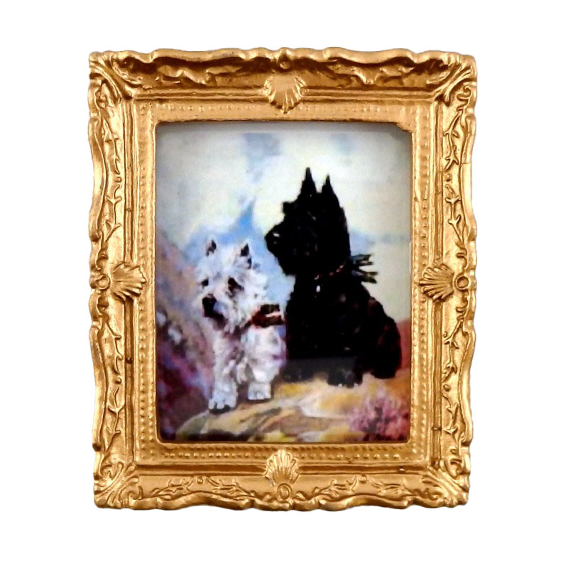 Dolls House West Highland Terriers Painting in Gold Frame Miniature Accessory