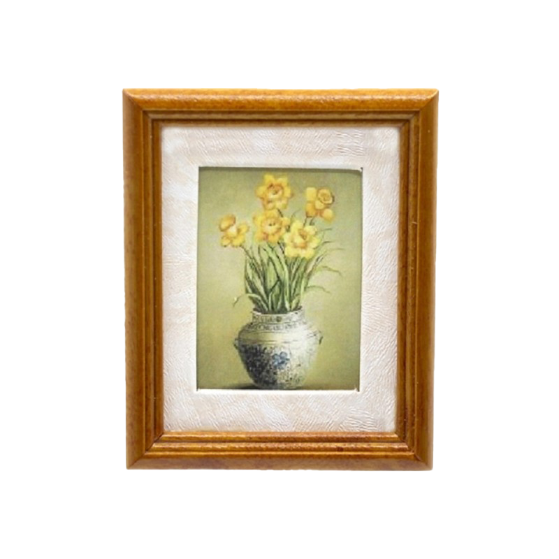 Dolls House Daffodils in Vase Picture Painting Walnut Frame Miniature Accessory