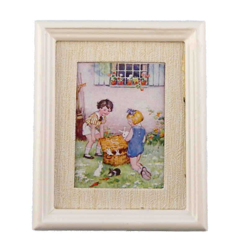 Dolls House Miniature Children & Rabbits Painting White Frame