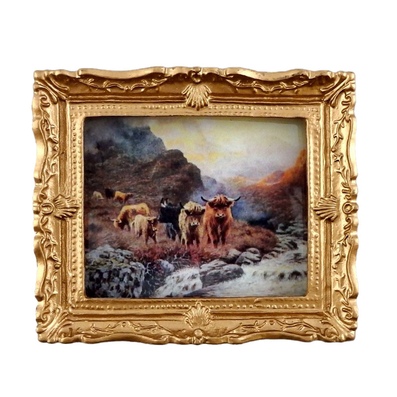 Dolls House Miniature Accessory Highland Cattle Painting Gold Frame