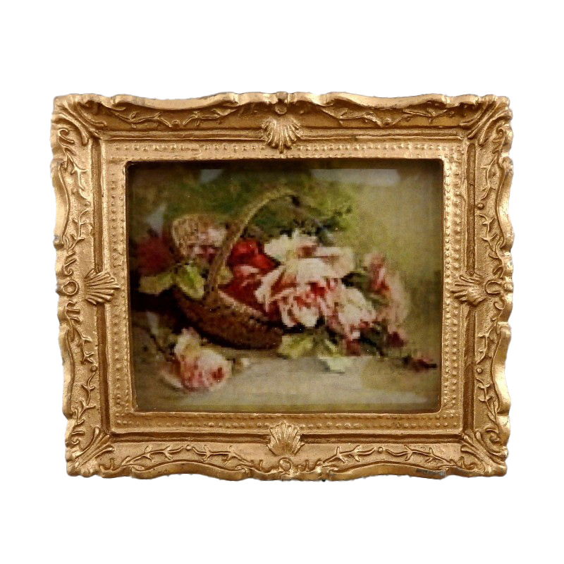 Dolls House Basket of Roses Painting Gold Frame Miniature Accessory