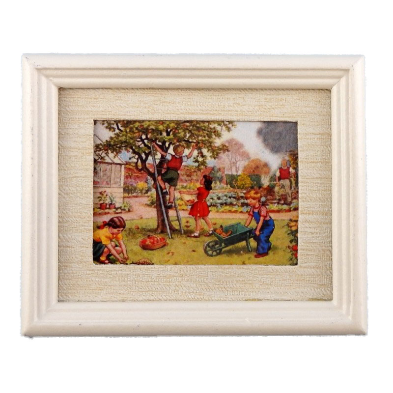 Dolls House Miniature Children in Garden Painting White Frame