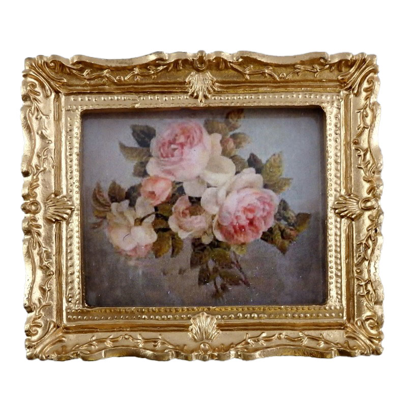 Dolls House Miniature Bunch of Pink Roses Painting Gold Frame