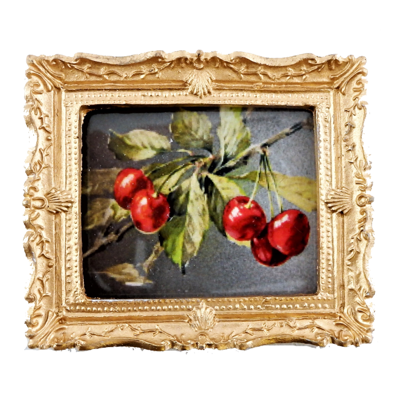 Dolls House Miniature Cherries on a Branch Painting Gold Frame