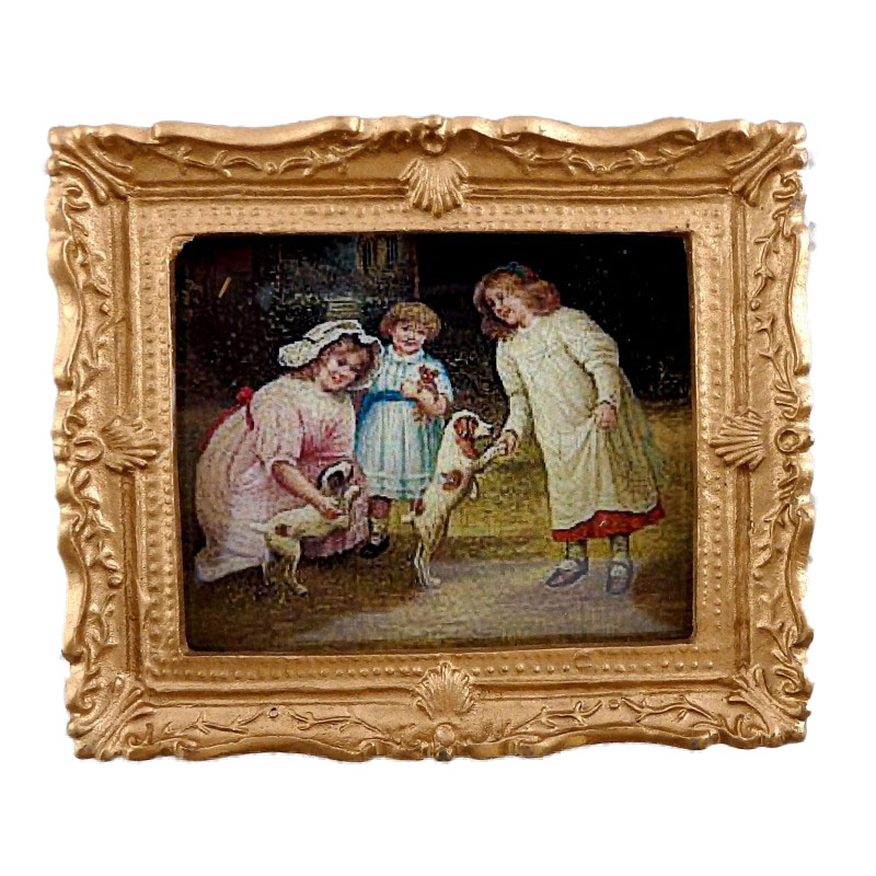 Dolls House Children & Puppies Picture Painting Gold Frame Miniature