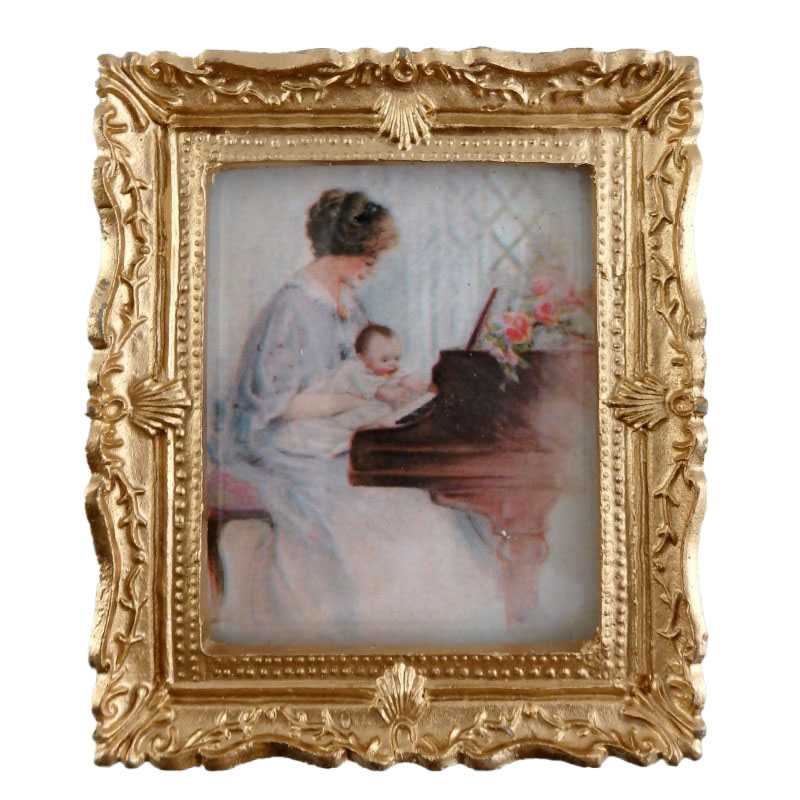 Dolls House Miniature First Piano Lesson Picture Painting Gold Frame