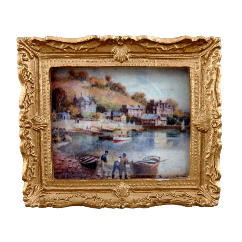 Dolls House Harbour Scene Picture Painting Gold Frame Miniature