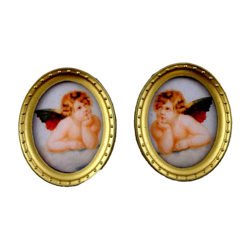 Dolls House Miniature 2 Cherub Pictures Painting in Oval Gold Frame