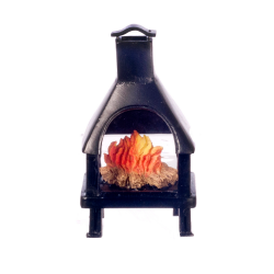 Dolls House Black Chiminea Outdoor Fireplace w Flaming Fire 1:12 Resin Furniture