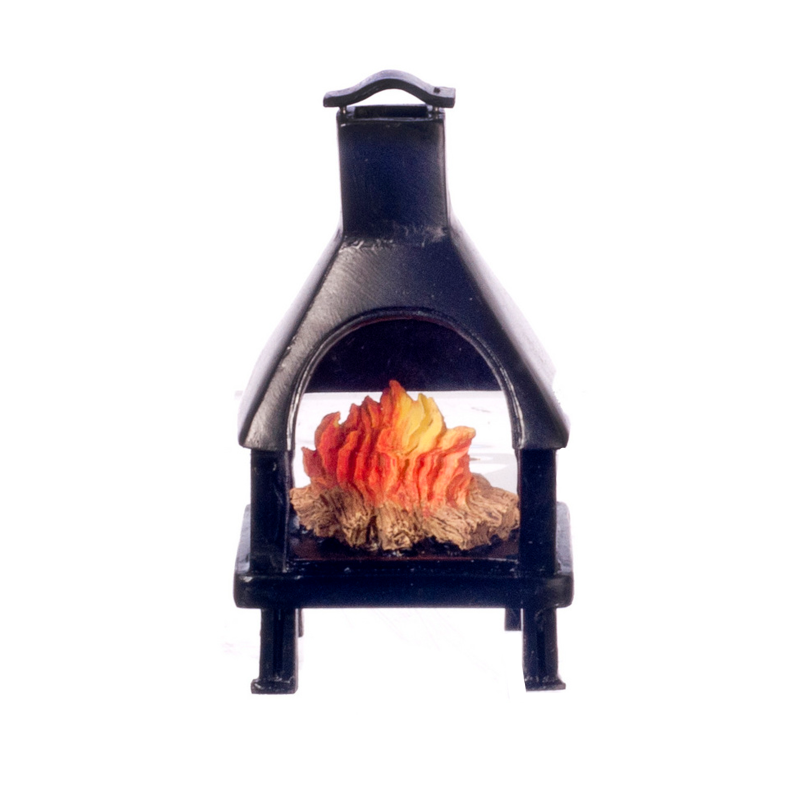 Dolls House Black Chiminea Outdoor Fireplace w Flaming Fire 1:12 Resin Furniture