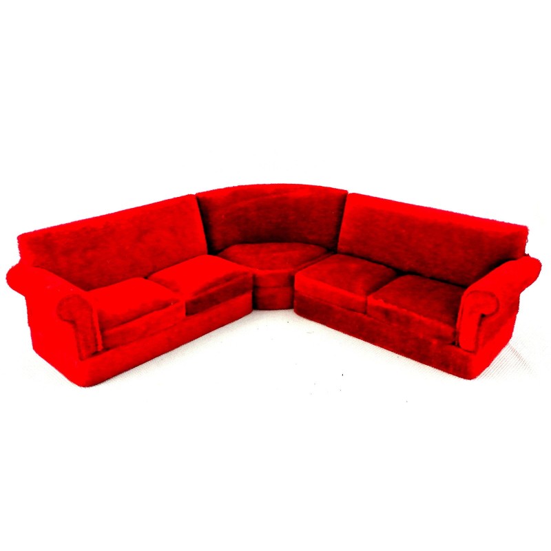 Dolls House Modern Red Velvet Corner Sofa Miniature Living Room Furniture       
