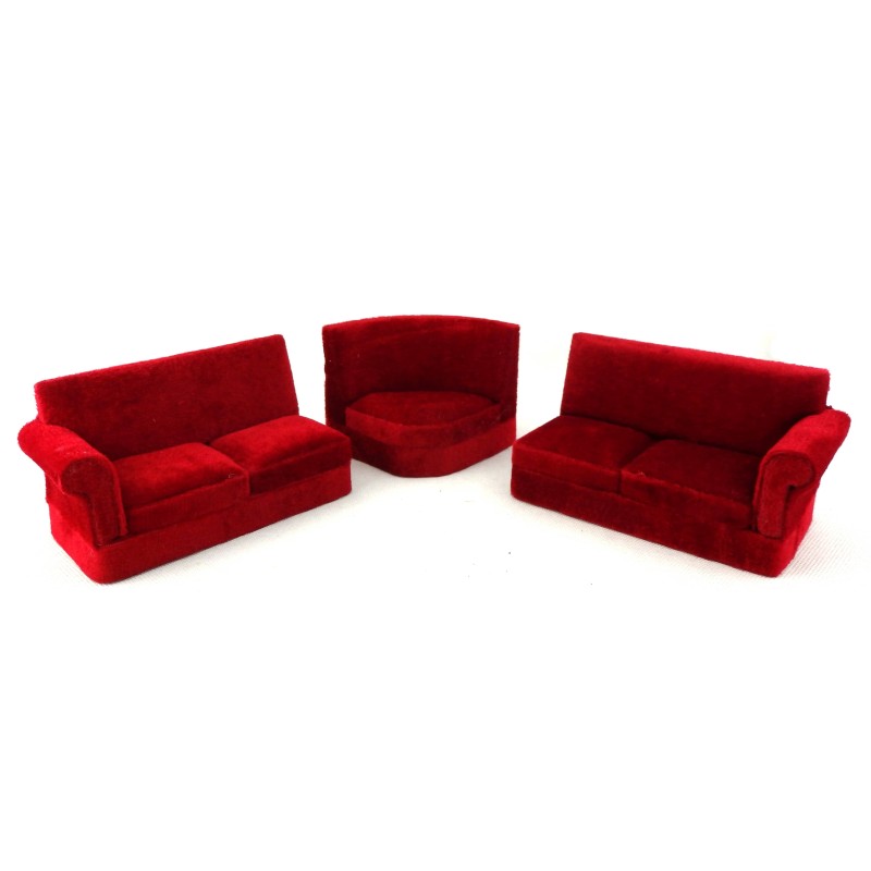 Dolls House Modern Red Velvet Corner Sofa Miniature Living Room Furniture       